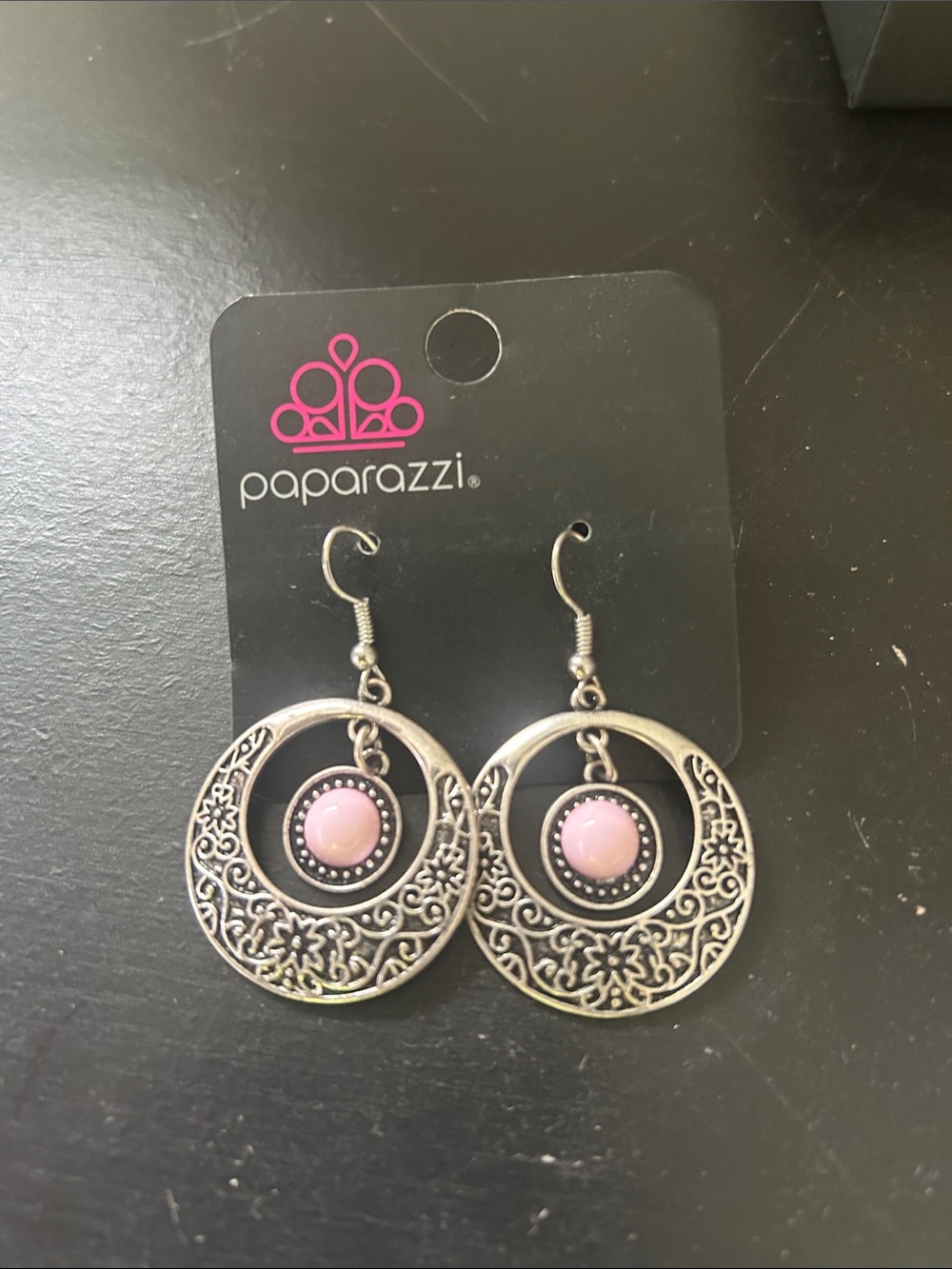 paparazzi Silver Filigree Hoop Earrings with Pink Center Stones